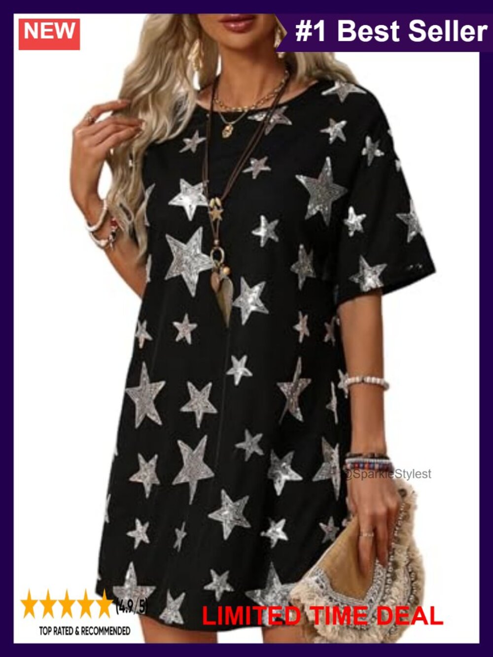 Sequin Star Short Sleeve Round Neck Drop Shoulder Y2K Club Night Out T-Shirt